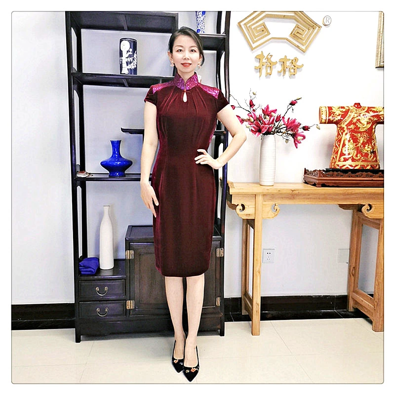 格格品牌  中国风丝绒拼蕾丝月牙袖气质短旗袍  5420019137