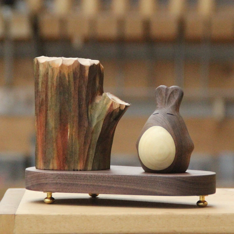 龙猫香薰摆件藏狐大树手工雕刻黑胡桃木椴木枫木秋冬家居