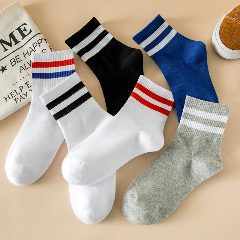 袜子中筒袜秋冬季棉袜二杠条纹学生运动袜百搭情侣鲨鱼男女短袜