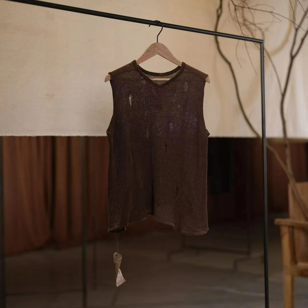 【7折款】布衣分享SS7005 左岸迷香做旧磨皮工艺无袖针织背心蕾丝