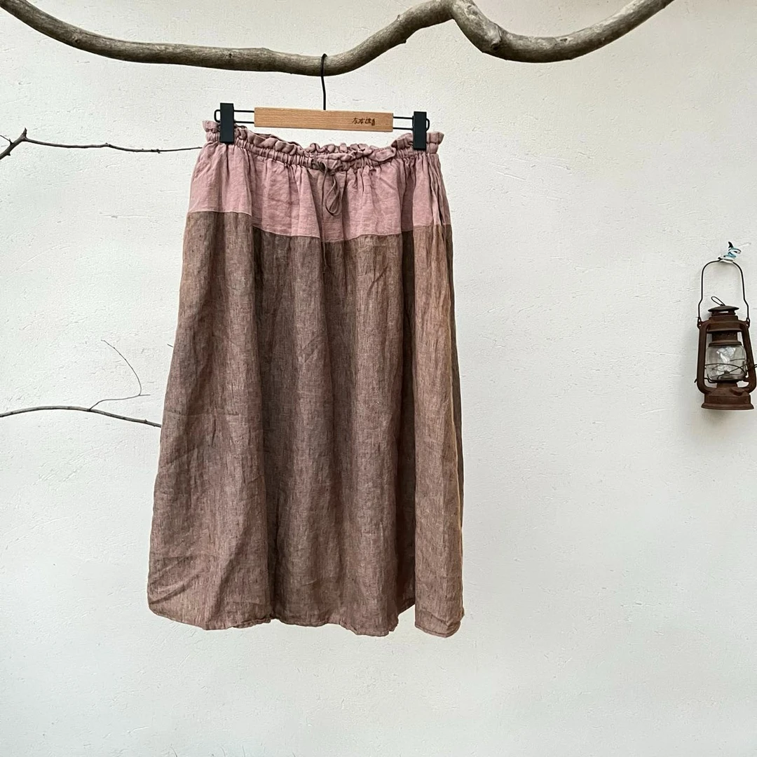 左岸迷香 83729  布衣分享 松紧腰 亚麻拼接半裙半身裙时尚