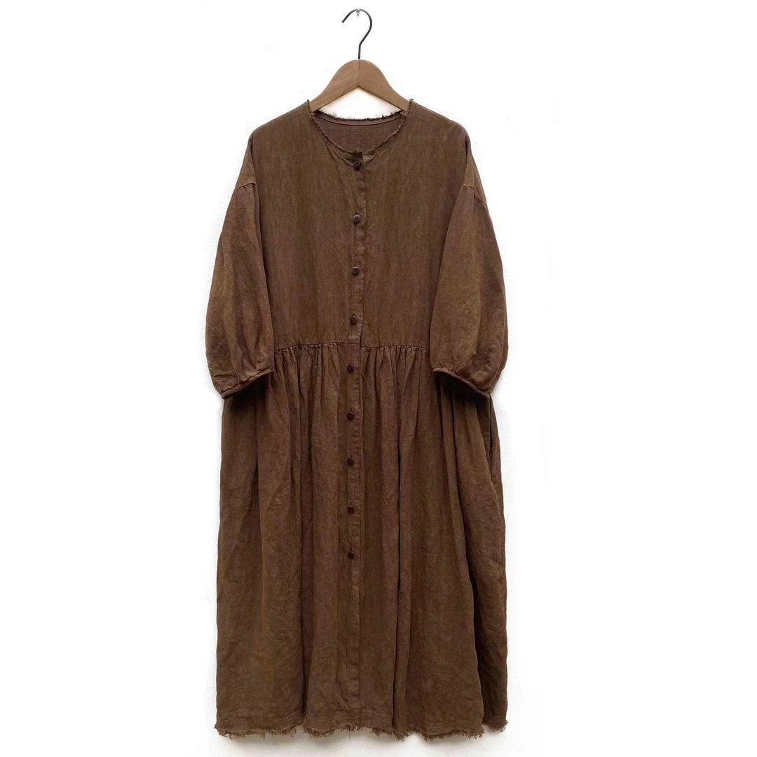 布衣分享 SS5021 左岸迷香  圆领开衫芥末色开衫连衣裙女装