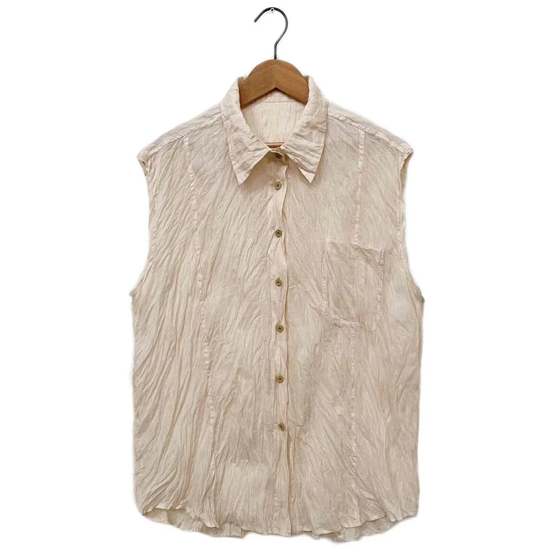 左岸迷香 SS6006 布衣分享苎麻大口袋无袖衬衫蕾丝