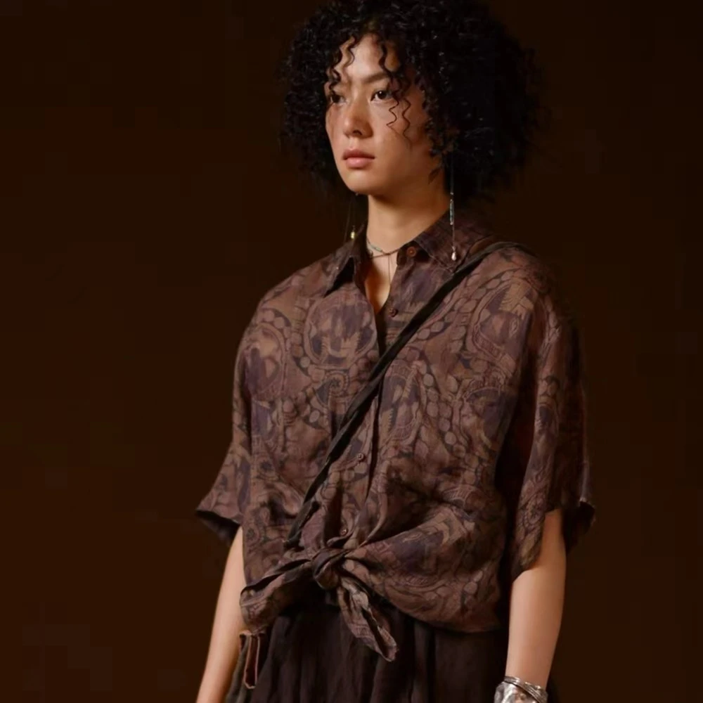 【7折款】左岸迷香 Z22SS1013 布衣分享复古做旧赤铜/方格亚麻衬衫