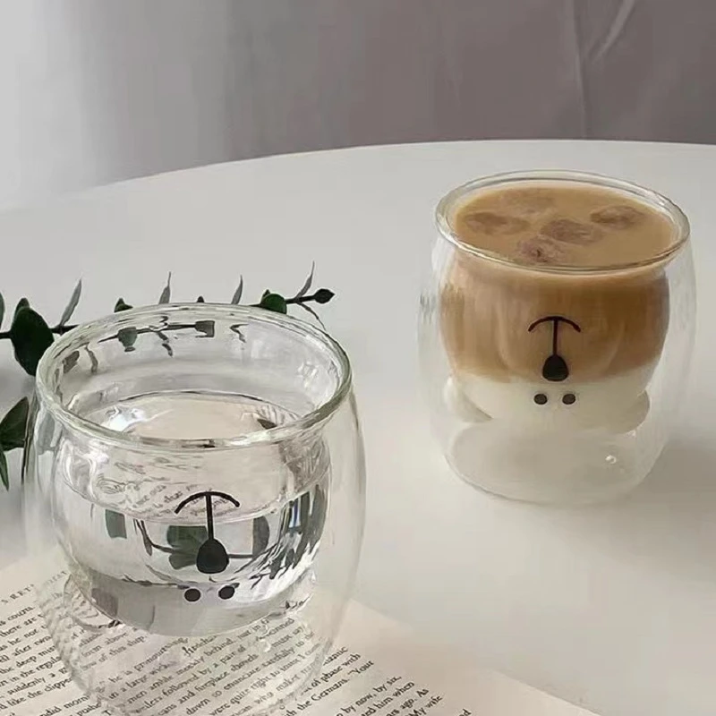 小熊双层玻璃杯家用透明创意耐热花茶隔热高颜值喝水杯可爱牛奶杯