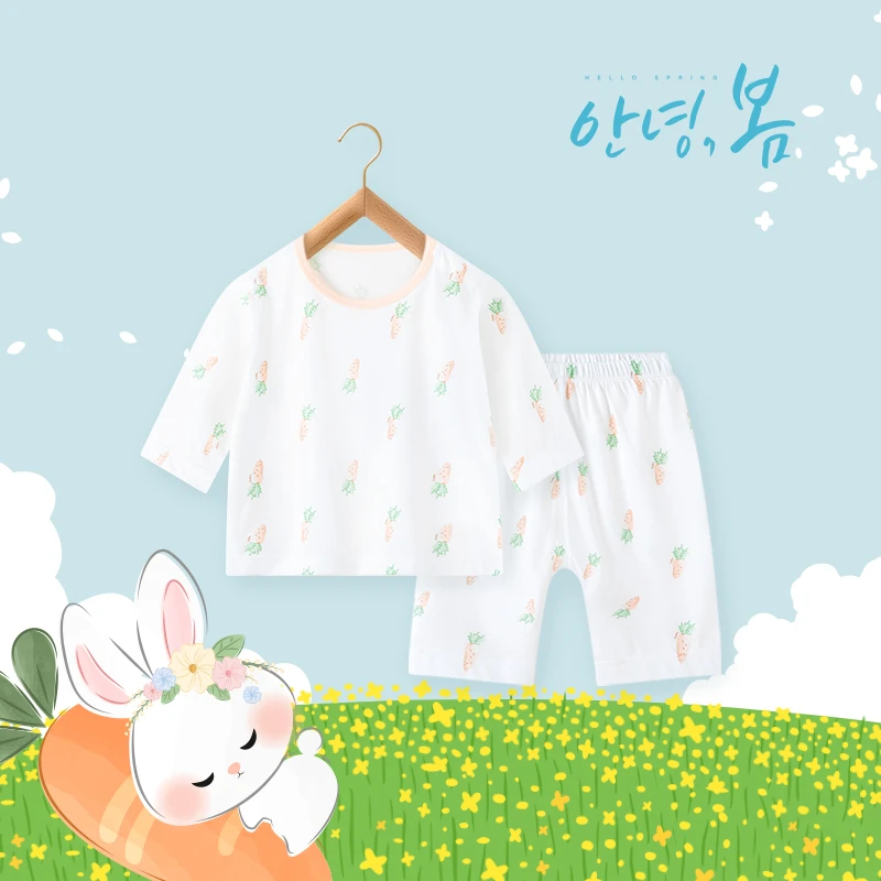 多比兔婴幼儿童夏装夏季纯棉超薄七分短裤7分短袖家居服内衣睡衣