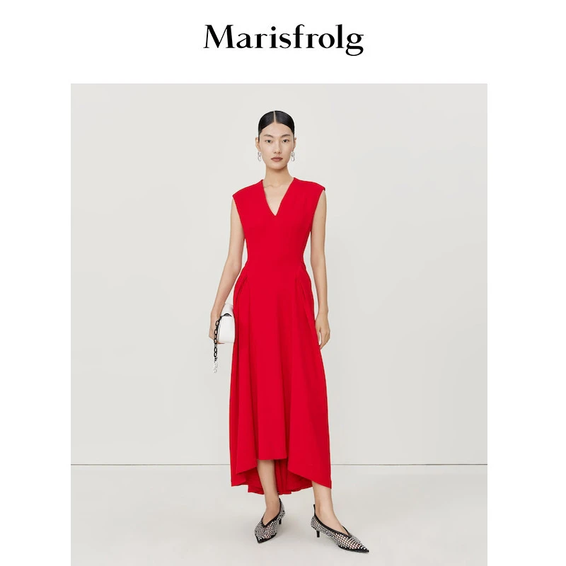 Marisfrolg/玛丝菲尔玛丝菲尔春季新款红色无袖花苞收腰礼服连衣