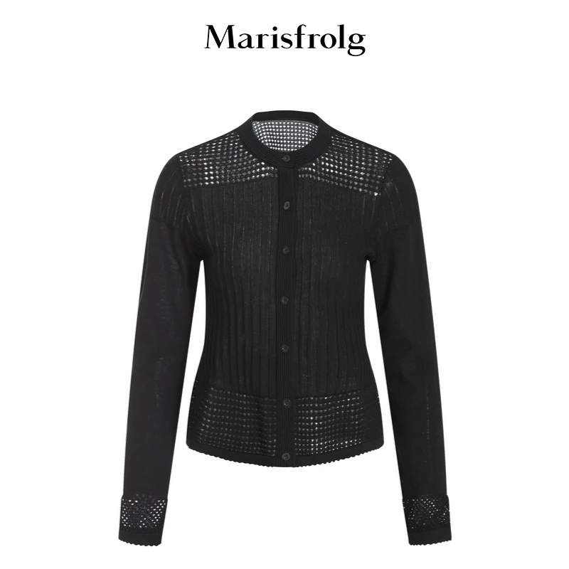 Marisfrolg玛丝菲尔上衣黑色蕾丝镂空修身长袖打底A1BW3870M