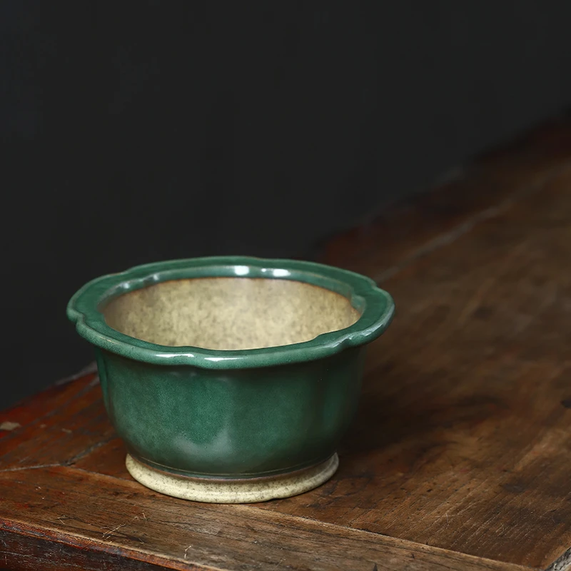 玖紫轩秦夕洪紫砂花盆精品绿釉小号白泥透气多肉盆景绿云翠盖荷盆