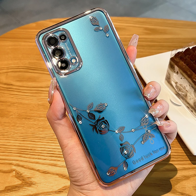 潮钻适用opporeno5手机壳网红轻奢透明reno5pro+水钻玫瑰防摔简约