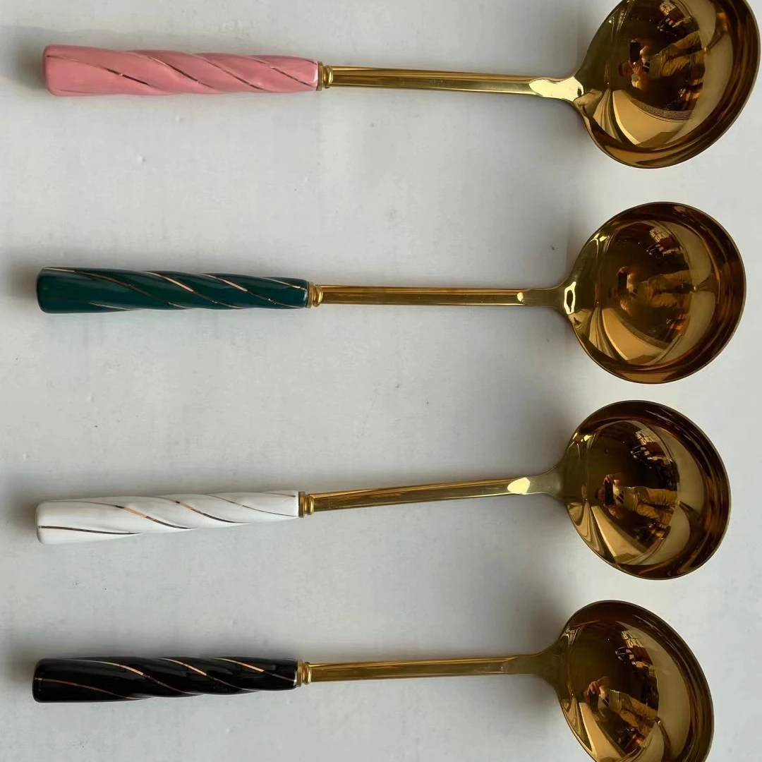 陶瓷手柄电镀金火锅勺、汤勺