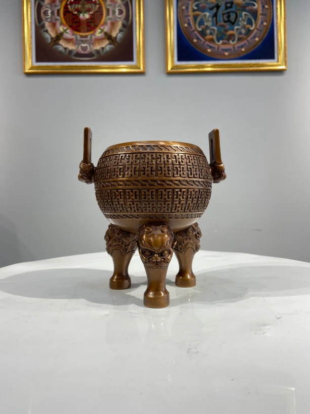 紫铜 四方耳兽足鼎 摆件 紫铜材质 鼎 香炉