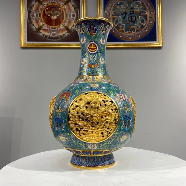 东承艺术铜胎掐丝珐琅(景泰蓝) 四龙天球瓶 摆件 紫铜材质