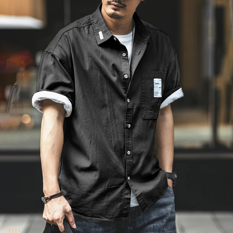 美式黑色短袖衬衫男夏季薄款宽松纯棉休闲上衣痞帅叠穿工装衬衣男
