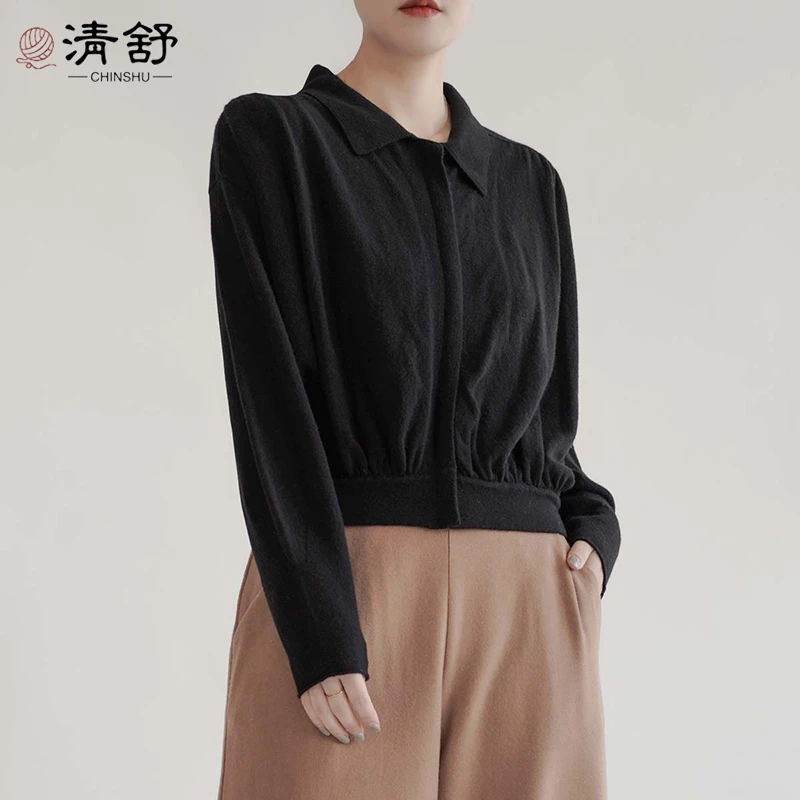 CHINSHU/清舒polo领拉链短款蝙蝠衫全羊毛针织开衫#9132