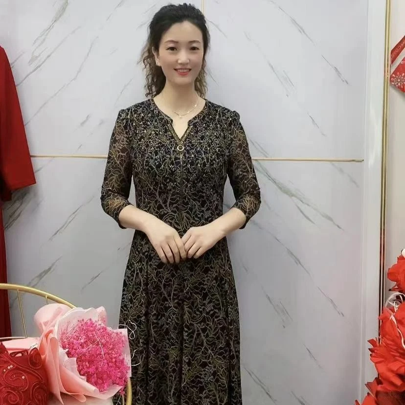 7633款  修身显瘦透气纱连衣裙中长款时尚气质洋气妈妈装