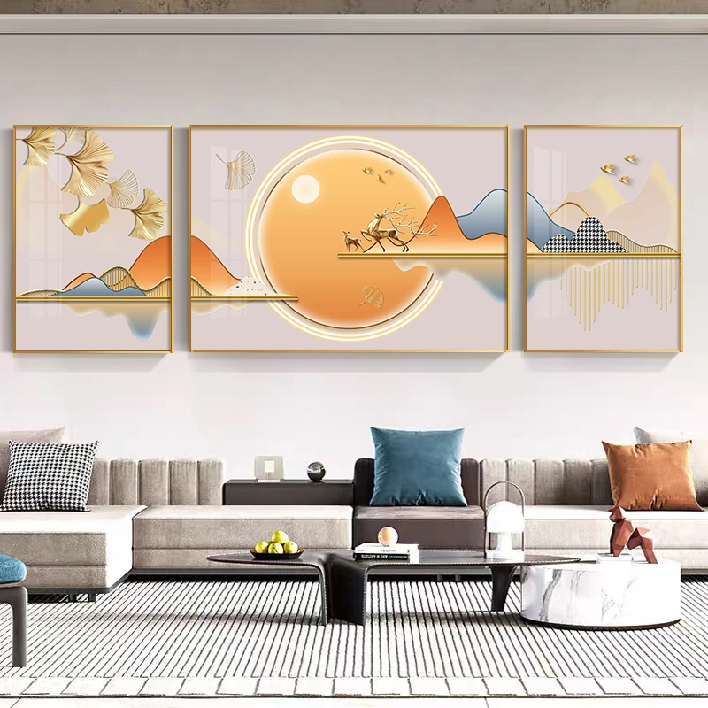现代抽象客厅装饰画轻奢大气橙蓝色挂画三联创意沙发背景墙壁画