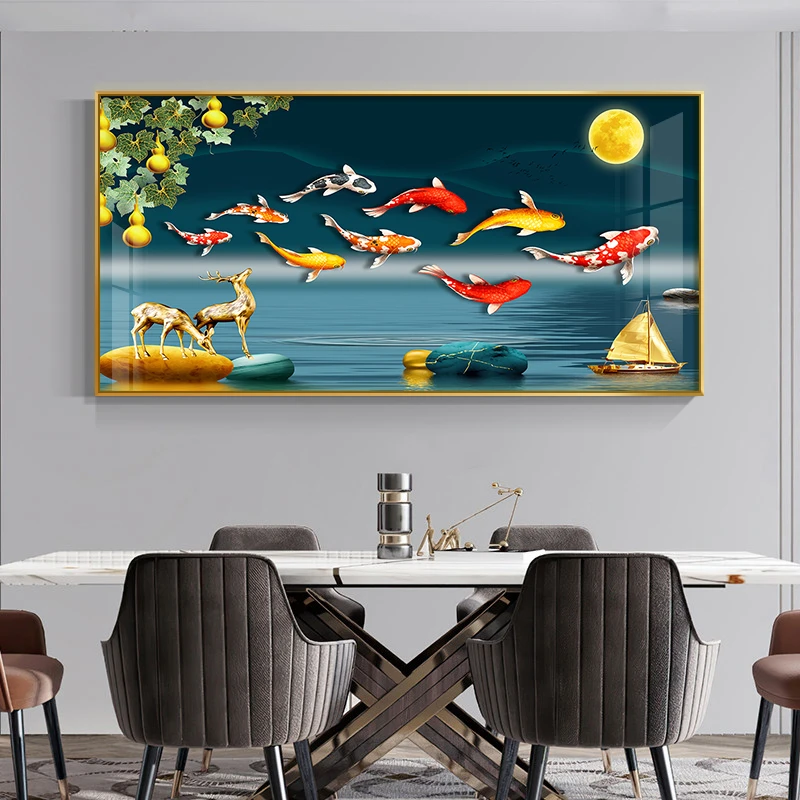 现代简约九鱼图挂画餐厅装饰画单幅简装客厅沙发背景墙壁画竖画
