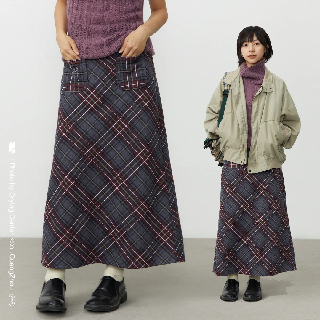 Crying center/哭喊中心紫蓝复古格纹休闲长半裙冬款半身裙