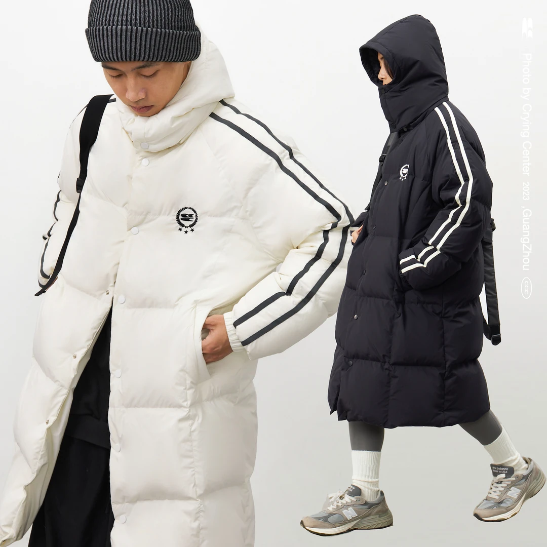 Crying center/哭喊中心黑白插肩织带长款可拆卸帽保暖羽绒服情侣