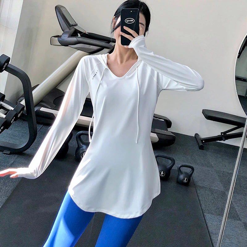 annerun休闲宽松运动上衣女中长款瑜伽服卫衣连帽健身衣长袖40-17