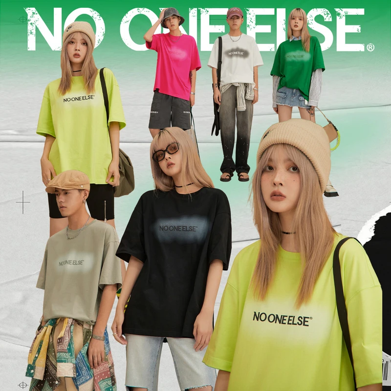 NO ONE ELSE美式复古女装宽松夏季圆领情侣男女字母印花t恤