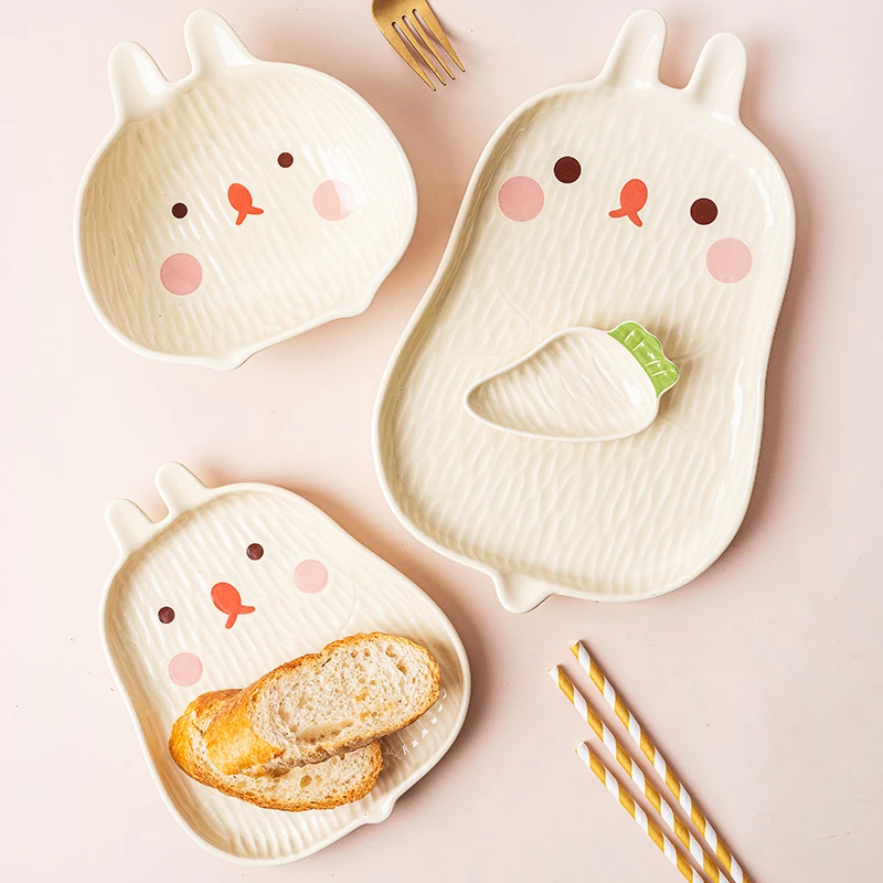 肆月乖巧精致儿童餐盘陶瓷家用高颜值创意可爱小熊盘子菜盘ins风