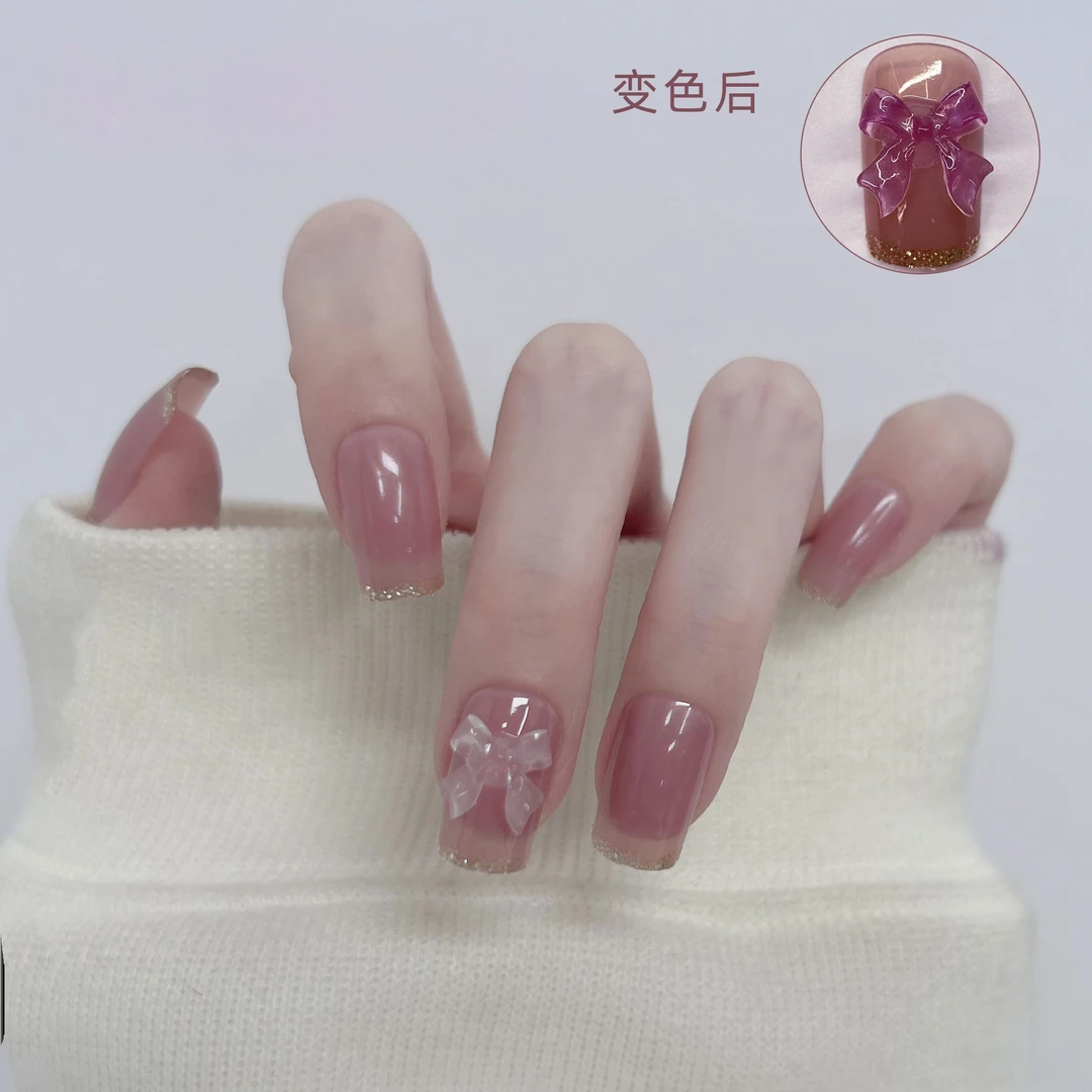 199-中长款法式光变蝴蝶结穿戴美甲简约可拆卸美甲贴片24片指甲贴