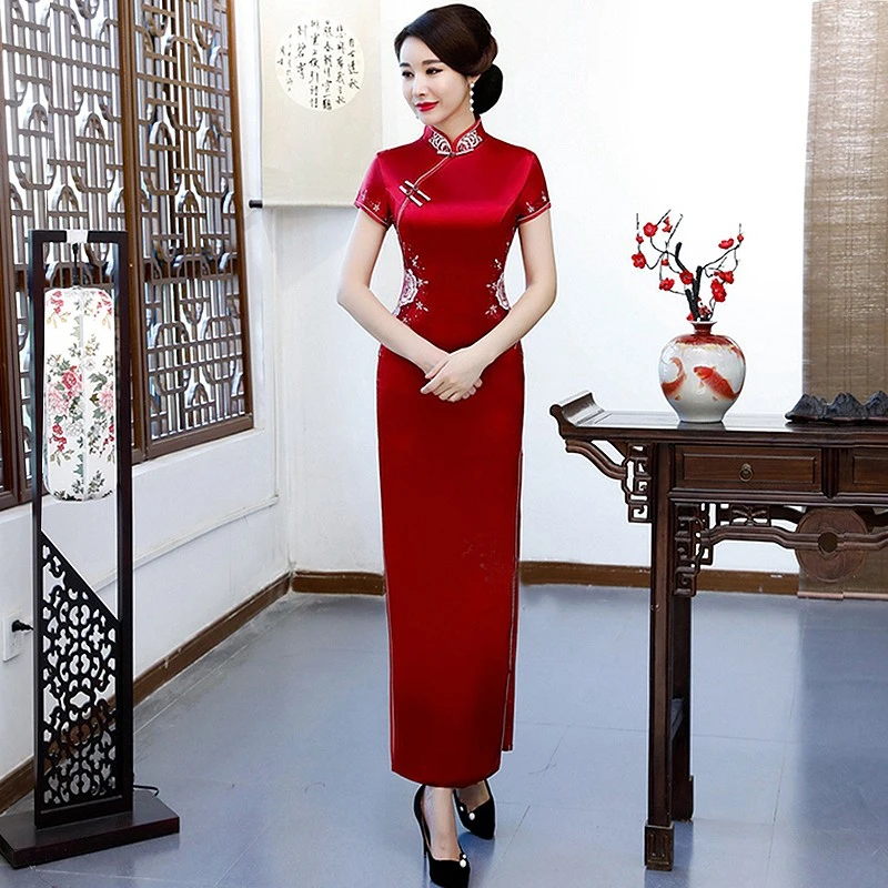 酒红色旗袍长款高贵改良妈妈装婚宴喜婆婆婚礼丈母娘中式礼服春夏