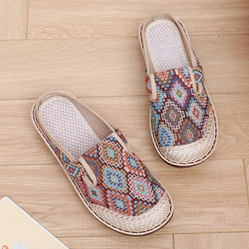 老北京布鞋女时尚圆头新款民族风软底拖鞋浅口平底麻料布鞋拖鞋