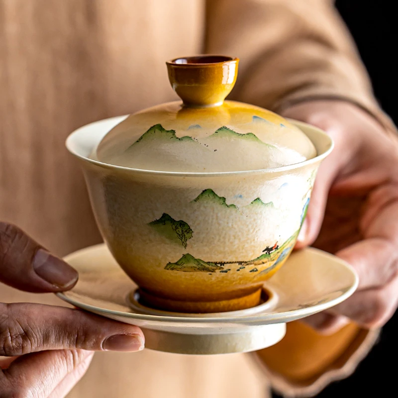 草木灰功夫茶盖碗三才杯茶碗中式家用陶瓷单个中国风山水画泡茶杯