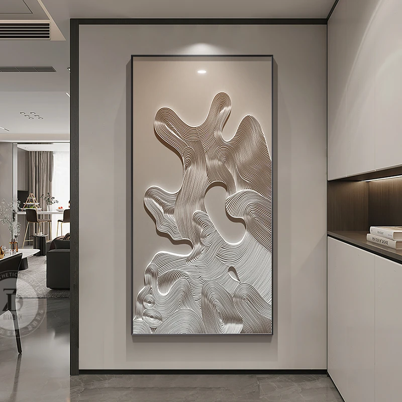 高档山水餐厅黄色三联现代简约入户玄关装饰画感客厅壁画竖版挂画