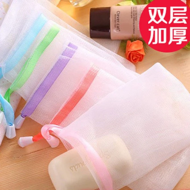 新款双层加厚起泡网彩色丝带挂式肥皂发泡网袋家用肥皂袋洁面网