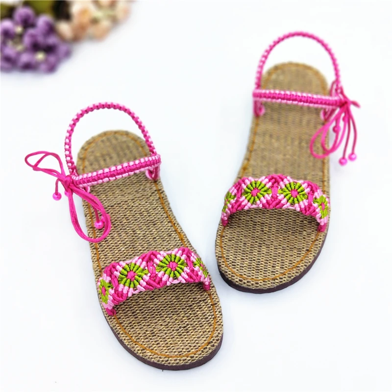 夏季女式亲子款居家亚麻吸汗平底民族风凉拖鞋手工勾编织DIY材料