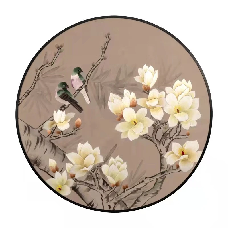 新中式家用苏绣手工刺绣，金山，玉兰挂画摆件简约纯手工装裱圆形