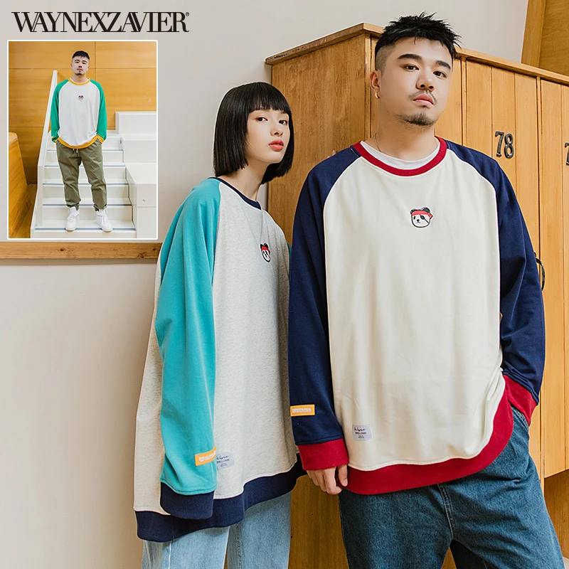 韦恩泽维尔加肥加大休闲大码宽松圆领撞色插肩袖卫衣男6600
