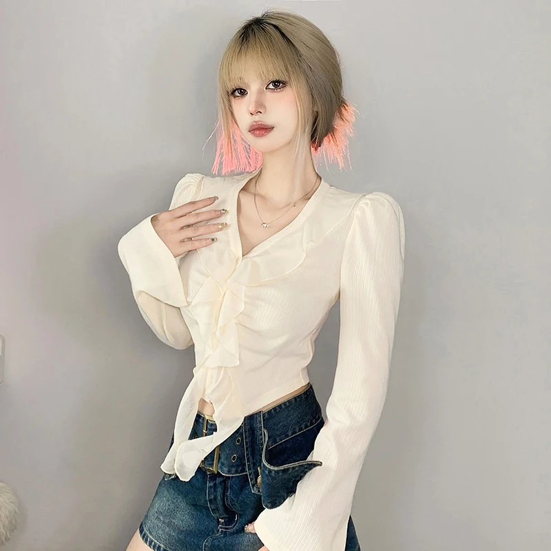 怪诞女孩 法式小众设计感荷叶边长袖t恤K22L18786