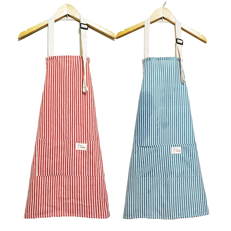 夏季透气舒适棉布条纹围裙日式简约厨房家用防污工作服围腰