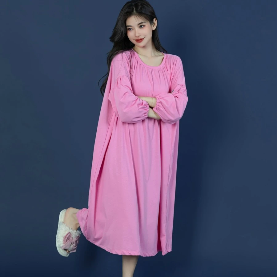 纯棉粉色长袖睡裙春秋女薄款新款全棉睡衣可外穿家居服夏季
