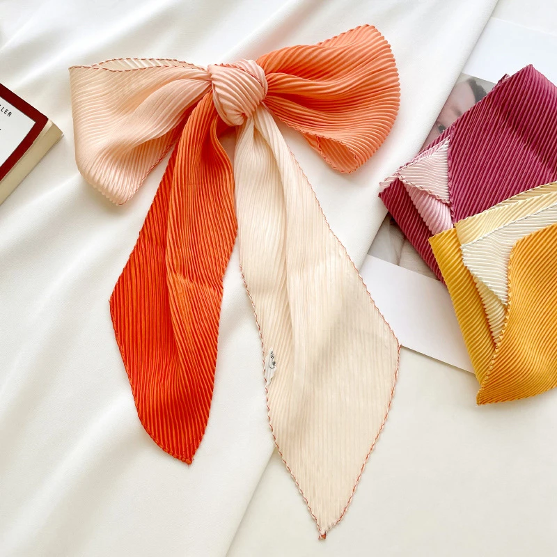 百搭褶皱渐变色长条丝巾时尚气质领巾绑包围巾