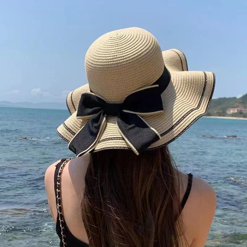 夏季大沿帽子波浪边蝴蝶结草帽 女士沙滩遮阳大沿帽