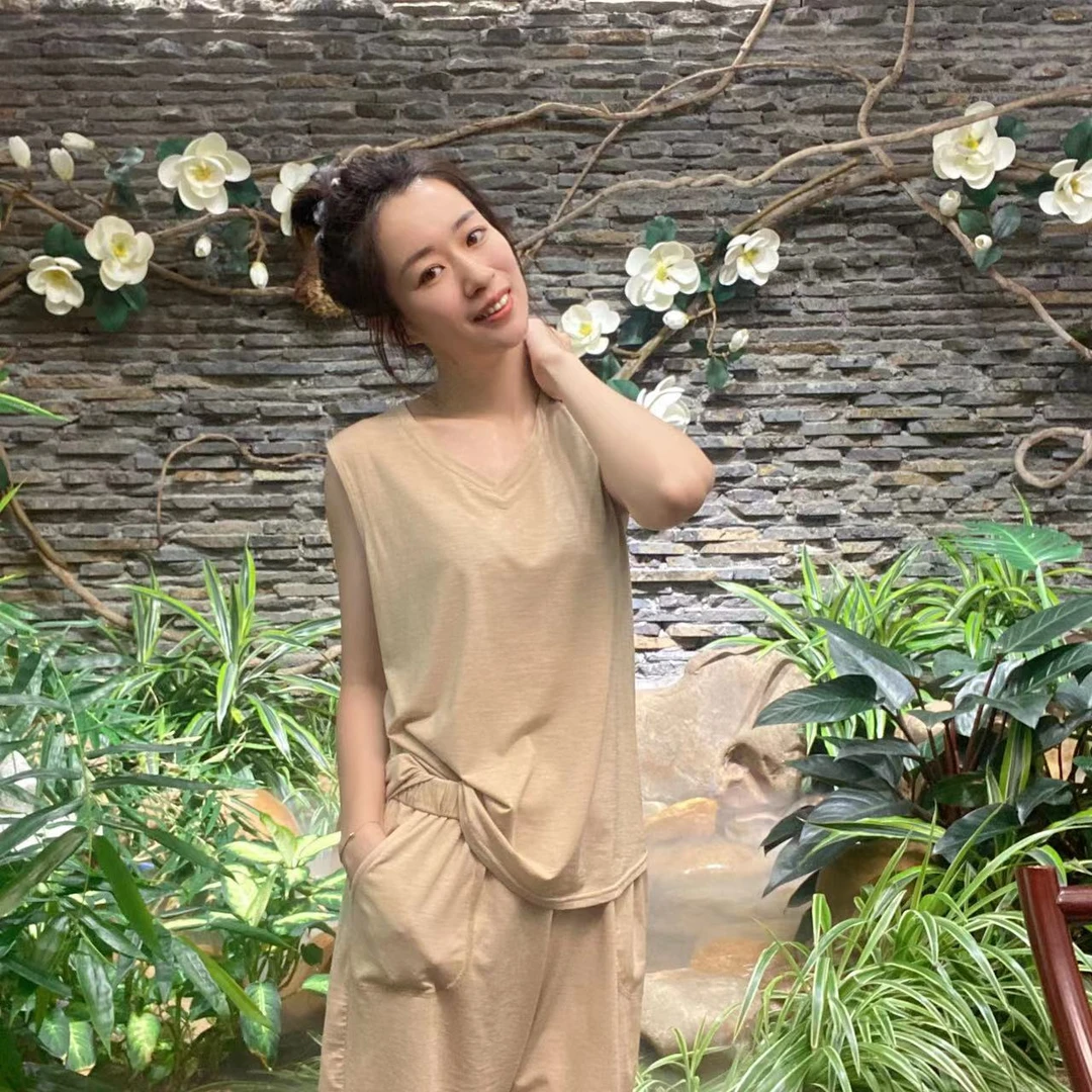 B品微瑕-勾丝 柞蚕丝女士V领坎袖背心T恤96220873