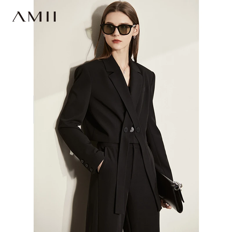 Amii飘带领带短款宽肩西装女气质黑色高级时尚职业百搭12240245