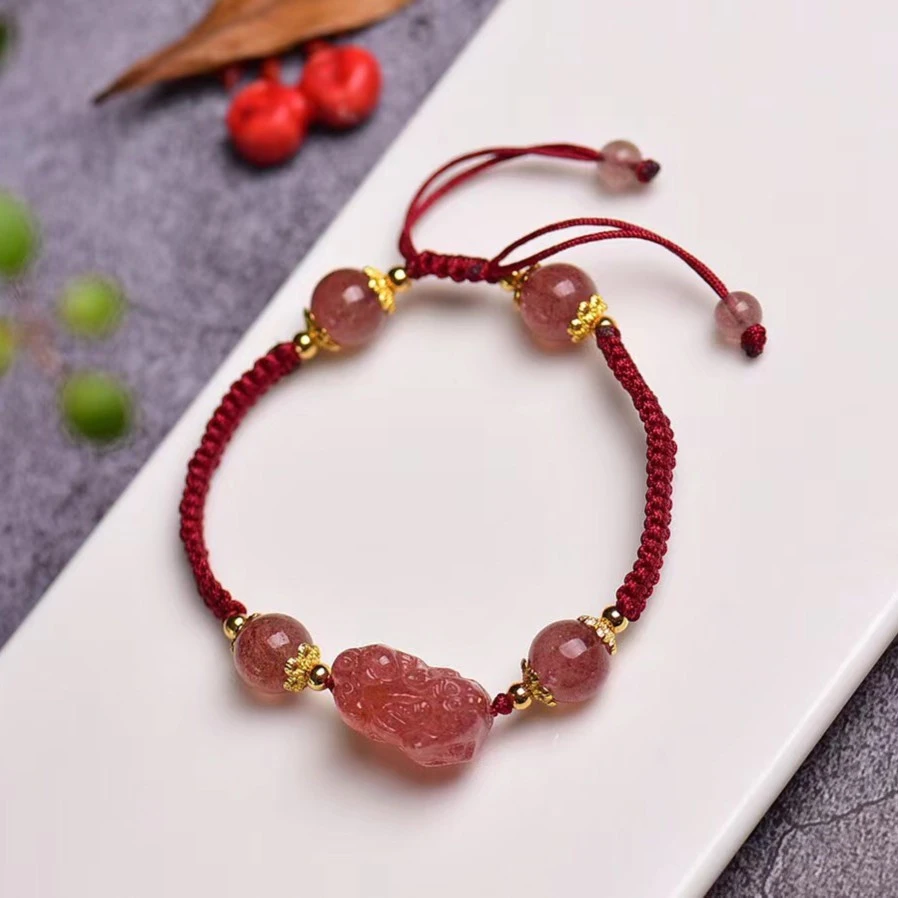 【送证书】天然草莓晶貔貅手工编织手编绳手链手串学生闺蜜款