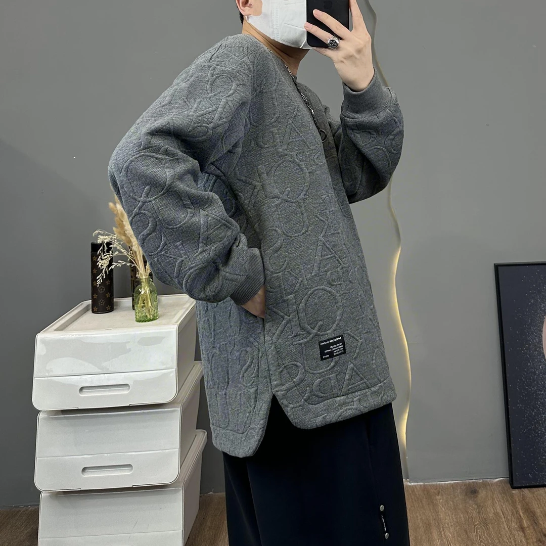 立体浮雕印花隐藏式插兜卫衣圆领宽松压花加厚套头长袖上衣潮-32