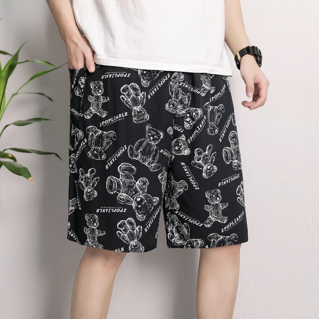 男士棉绸夏季五分裤可外穿加肥加大人造棉睡裤宽松印花韩版中裤