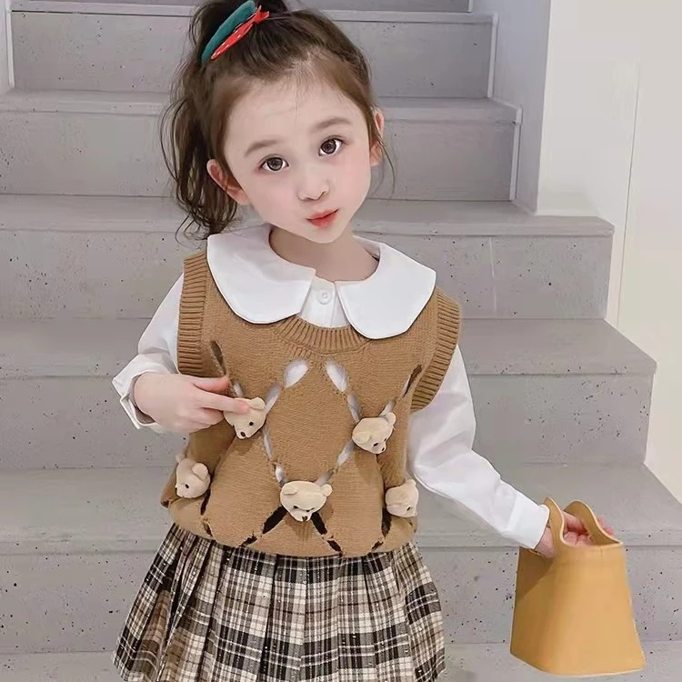 女童小熊马甲毛衣秋冬加厚洋气时髦中大童小女孩