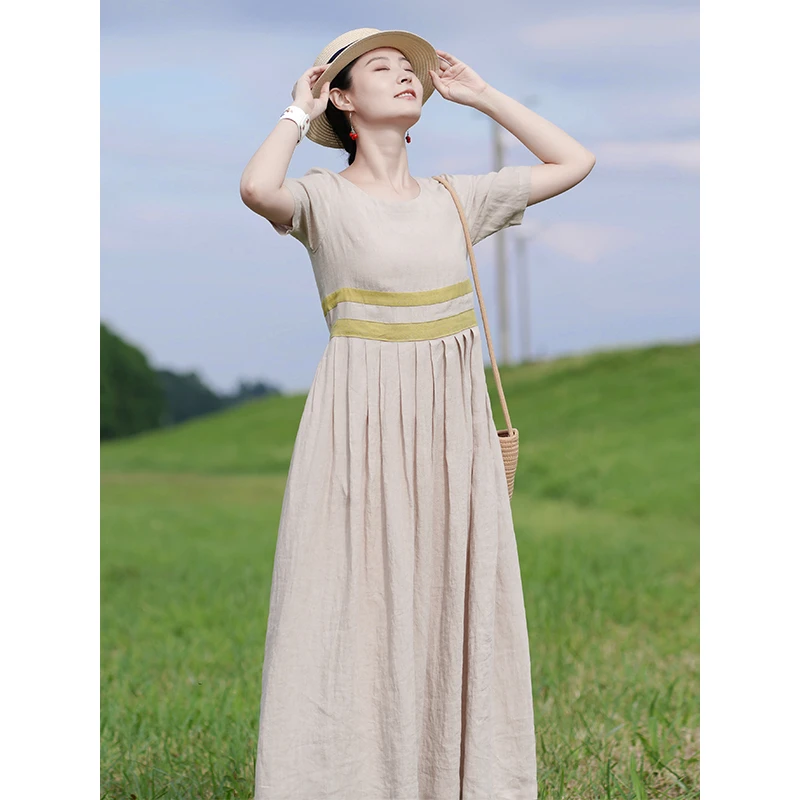 艺在YX367艺在夏季新款宽松休闲文艺气质亚麻汉元素连衣裙拼接