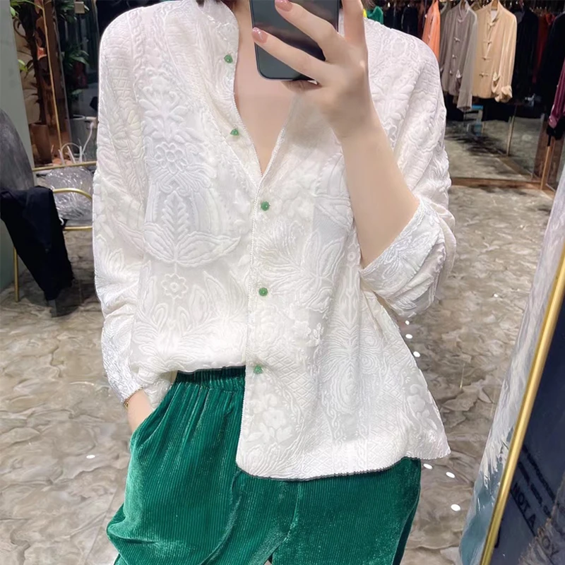 22SY1800轻奢风女丝绒提花宽松衬衫白色立领长袖开衫时尚百搭气质