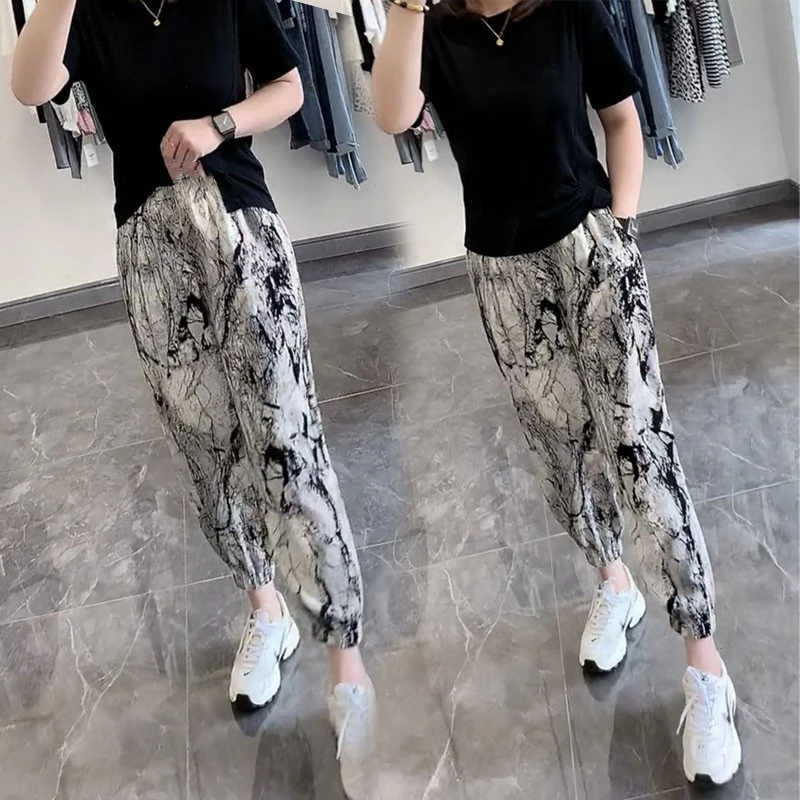 欧货复古水墨画薄款宽松灯笼休闲裤百搭显瘦凉凉裤束脚裤萝卜裤女
